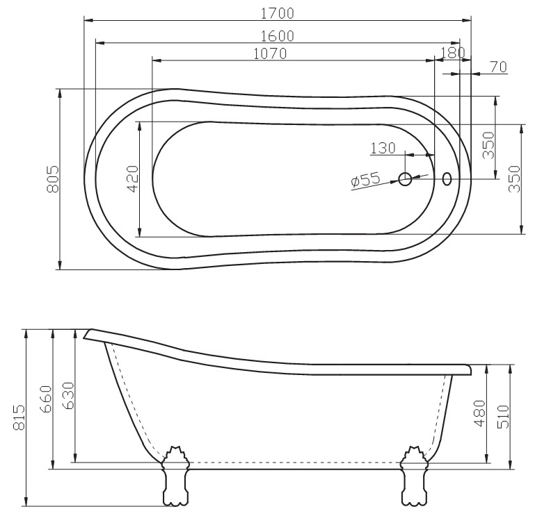 Ванна отдельно стоящая акриловая BB04-CRM 170*80,5*81,5