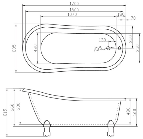 Ванна отдельно стоящая акриловая BB04-ROS-BRN 170*80,5*81,5 красная/ золото