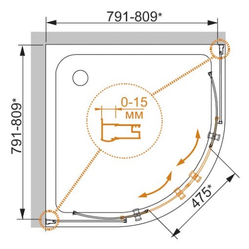 Душевой уголок PRATICO-R-2-80-P-Cr 800x800x1850 текстурное стекло, Punto