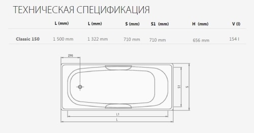 Ванна стальная Estap DELUXE 150x71 прямоугольная в комплекте с ножками и ручками