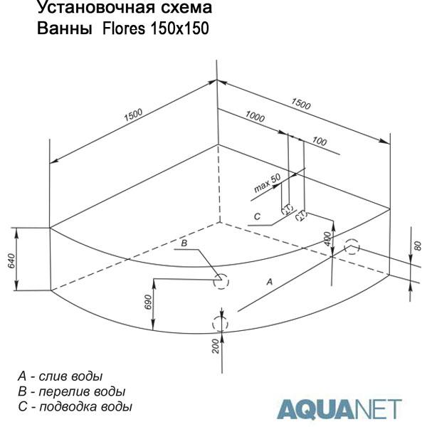 Ванна акриловая угловая Aquanet  Flores 150*150