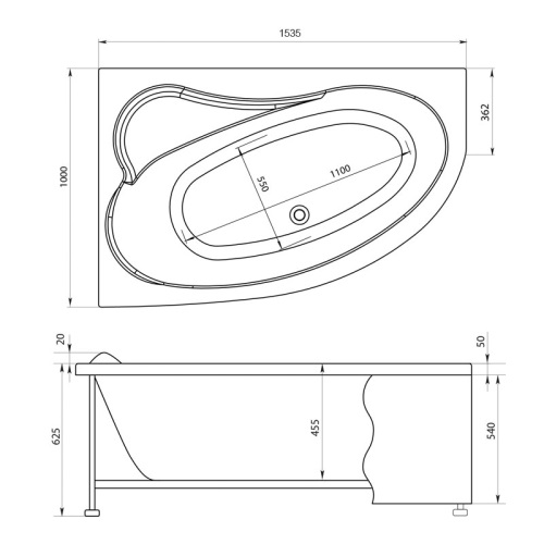 Ванна акриловая асимметричная Aquanet Luna 155x100 L левая